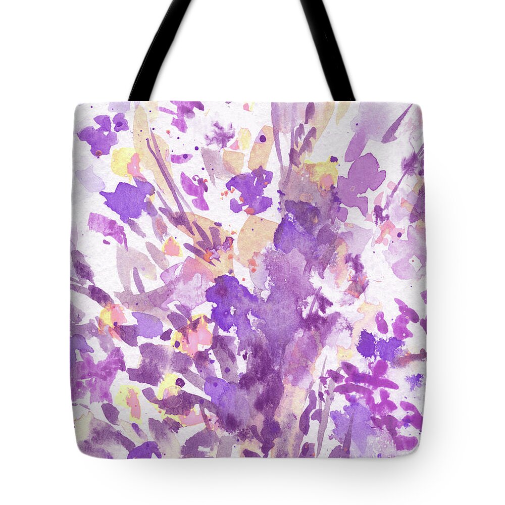 Abstract Flowers Tote Bag featuring the painting Abstract Purple Flowers The Burst Of Color Splash Of Watercolor II by Irina Sztukowski
