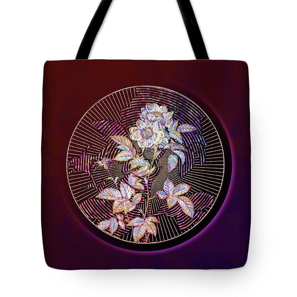 Mosaic Tote Bag featuring the mixed media Abstract White Anjou Roses Mosaic Botanical Illustration 432 by Holy Rock Design