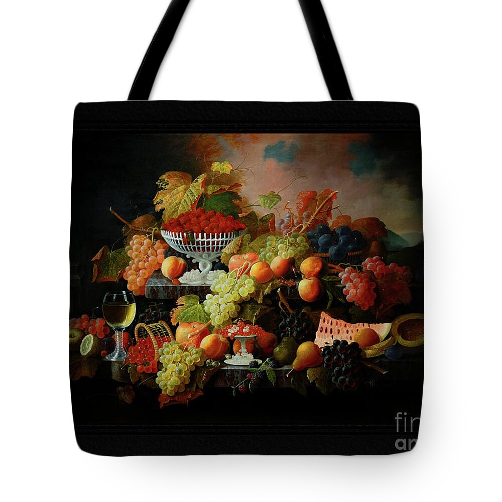 Abundance Of Fruit Tote Bag featuring the painting Abundance of Fruit by Severin Roesen Old Masters Classical Fine Art Reproduction by Rolando Burbon