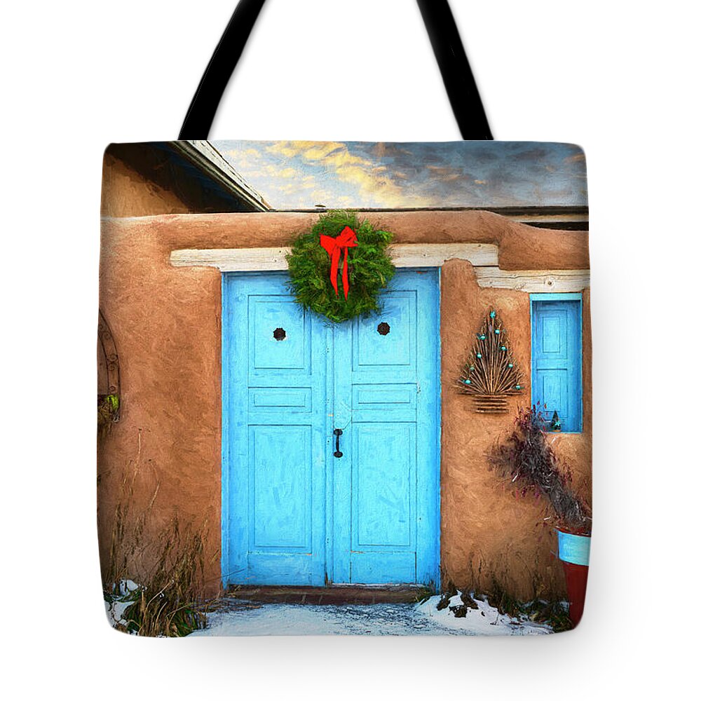 © 2020 Lou Novick All Rights Reversed Tote Bag featuring the photograph Adobe Christmas Door by Lou Novick