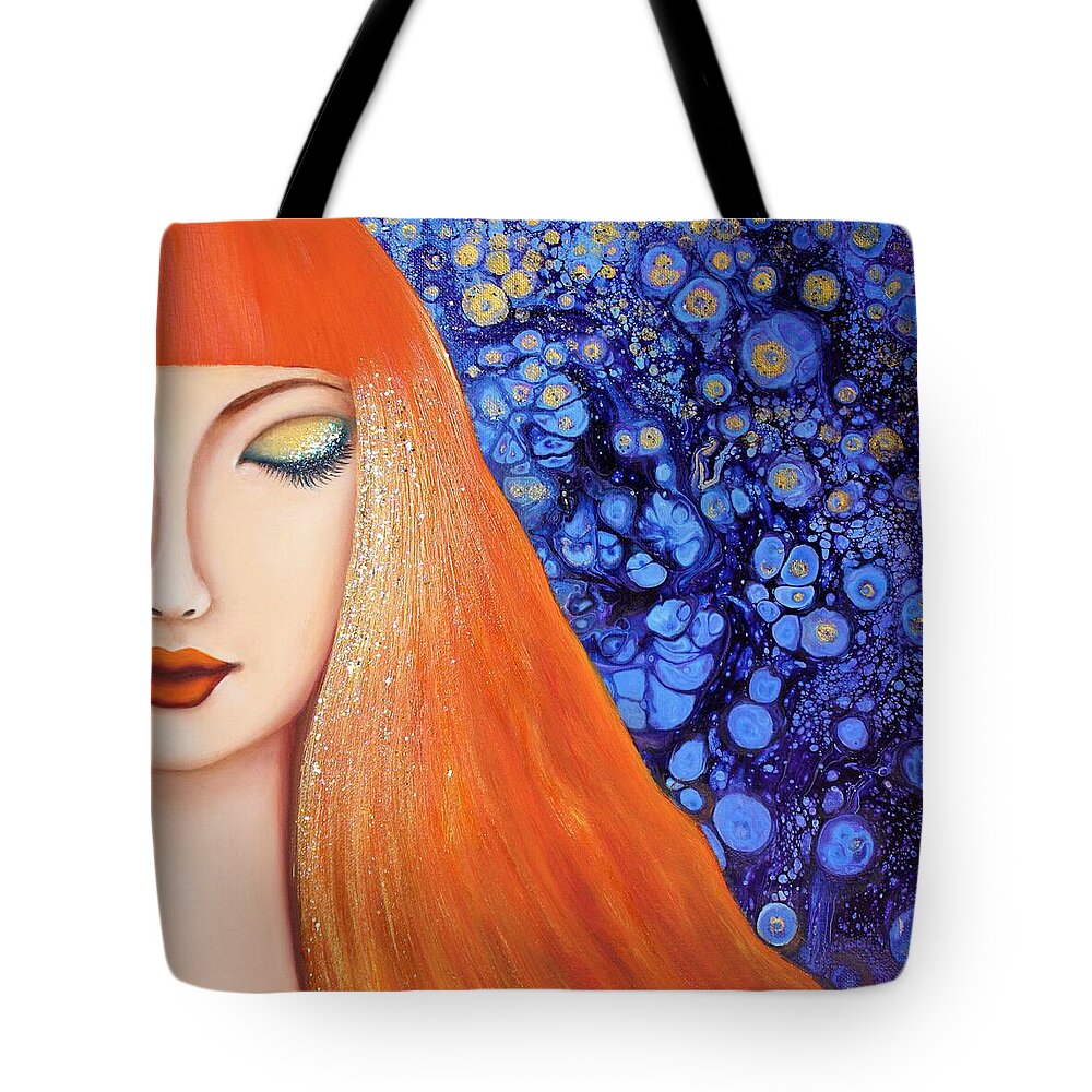 Wall Art Abstract Painting Acrylic Painting Aelita Light Of The Stars Gift Idea Blue Color Stars Woman Painting Lady Pouring Art Pouring Technique Red Hair Tote Bag featuring the painting Aelita Light Of the Stars by Tanya Harr