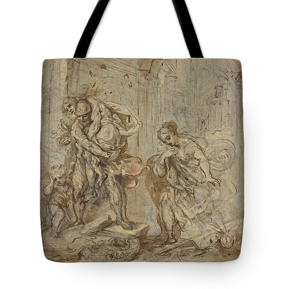 Federico Barocci Tote Bag featuring the drawing Aeneas Saving Anchises at the Fall of Troy by Federico Barocci