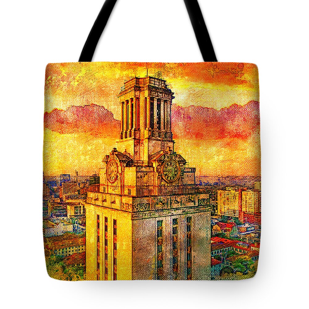 Main Building Tote Bag featuring the digital art Aerial of the Main Building of the University of Texas at Austin - digital painting by Nicko Prints