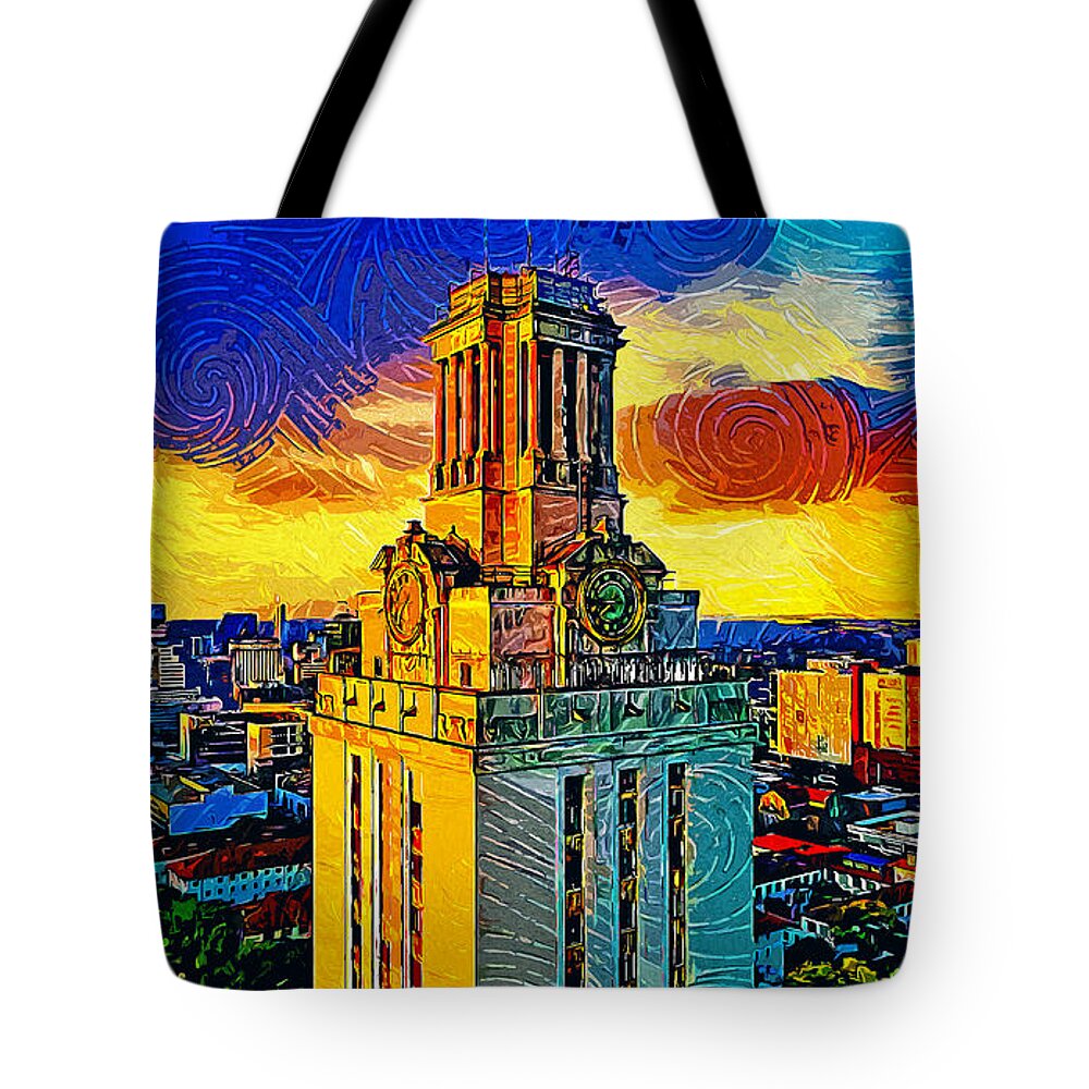 Main Building Tote Bag featuring the digital art Aerial of the Main Building of the University of Texas at Austin - impressionist painting by Nicko Prints