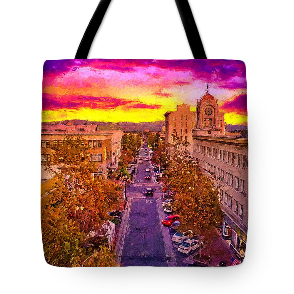 W 4th Street Tote Bag featuring the digital art Aerial view of W 4th Street in downtown Santa Ana - digital painting by Nicko Prints