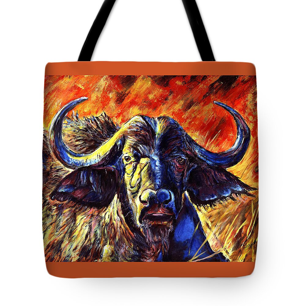 African Cape Buffalo Tote Bag featuring the painting African Cape Buffalo by John Bohn