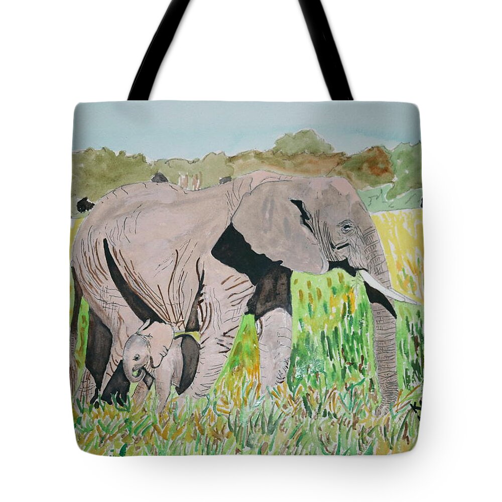 Africa Tote Bag featuring the painting African Elephant Mom and Baby by Karen Merry