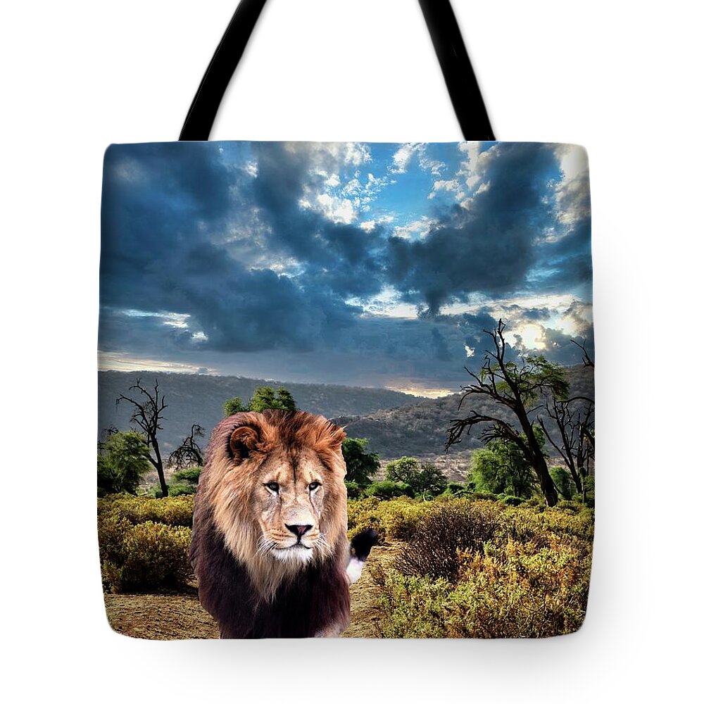 Africa Tote Bag featuring the digital art African Lion by Norman Brule