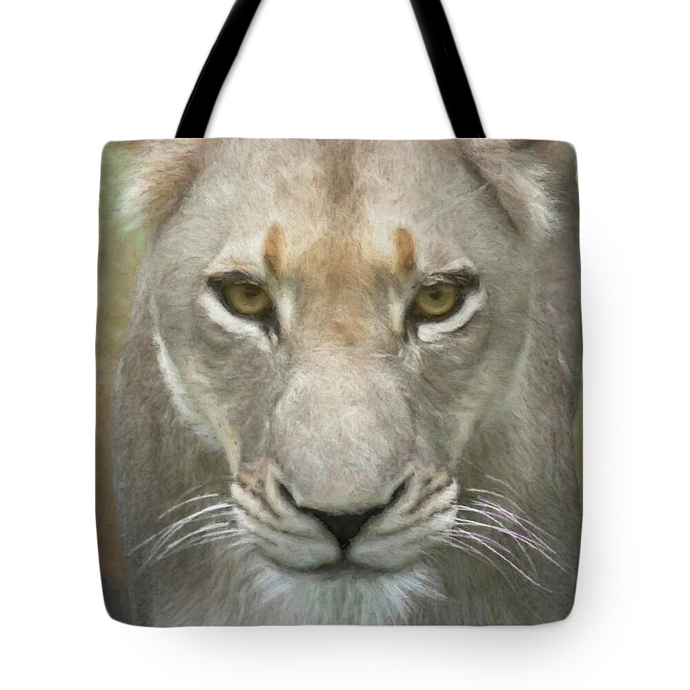 Lion Tote Bag featuring the photograph African Lioness Up Close Portrait by Rebecca Herranen
