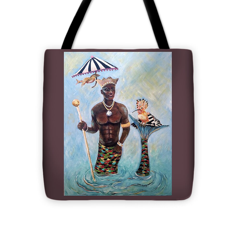 Olokun Tote Bag featuring the painting African Merman King Olokun by Linda Queally by Linda Queally