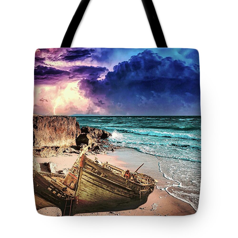 Ship Wreck Tote Bag featuring the digital art After the Storm by Norman Brule