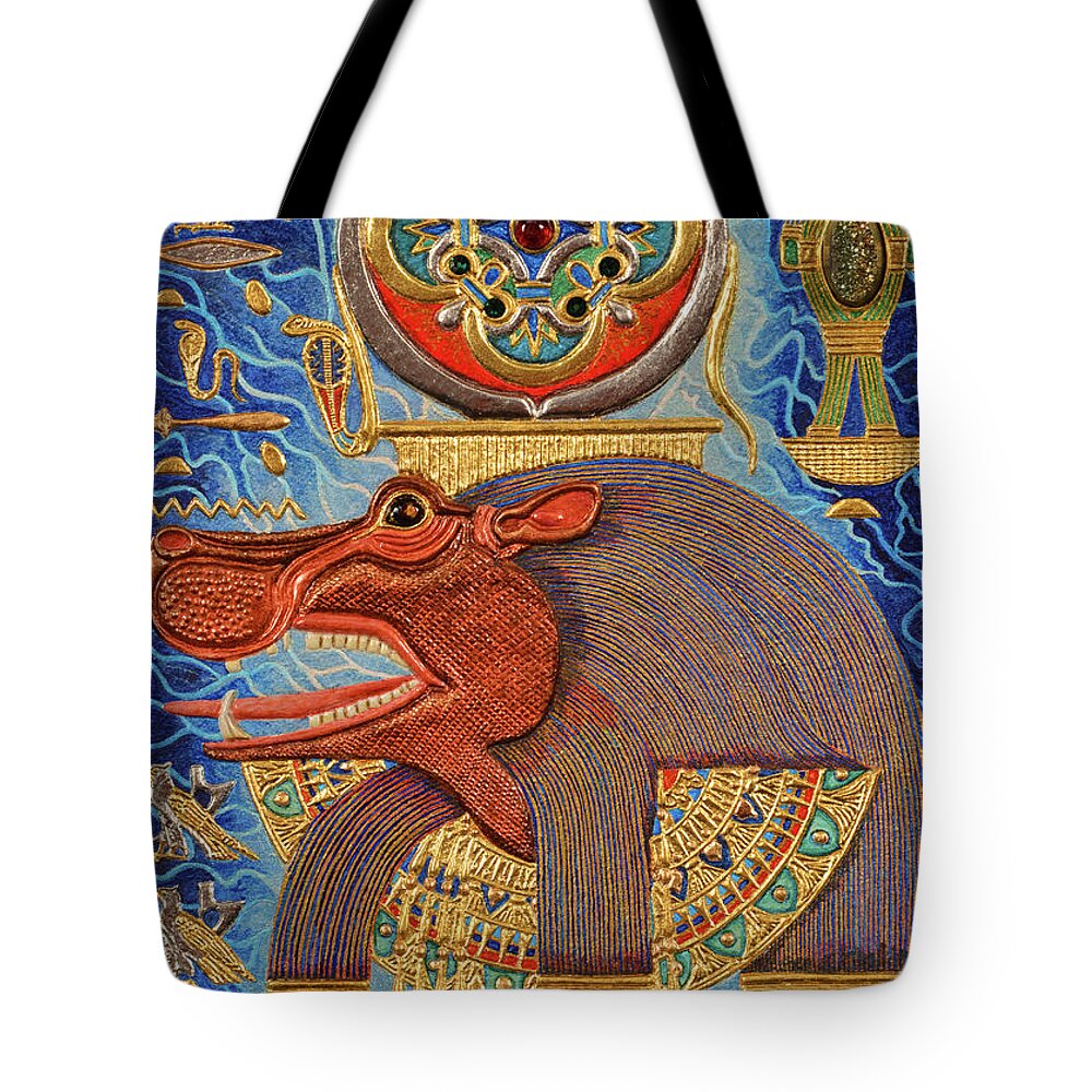 Ancient Tote Bag featuring the mixed media Akem-Shield of Taweret Who Belongs to the Doum Palm by Ptahmassu Nofra-Uaa