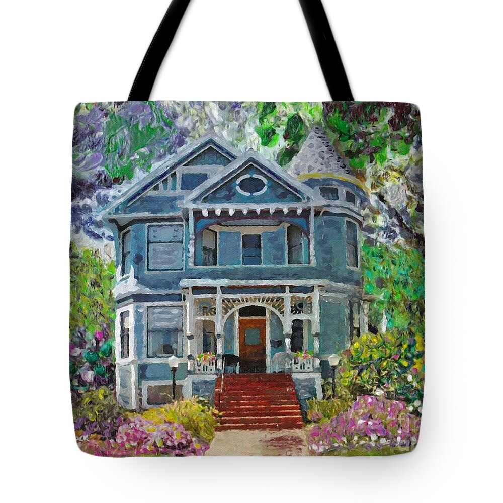 Framed Architectural Portraiture Tote Bag featuring the painting Alameda 1890 Queen Anne by Linda Weinstock