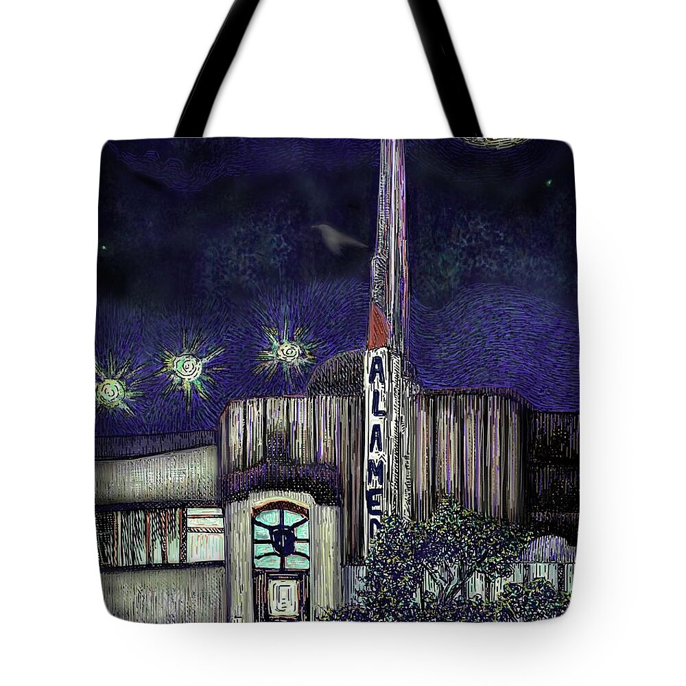 Alameda Tote Bag featuring the digital art Alameda Theater at Night by Angela Weddle