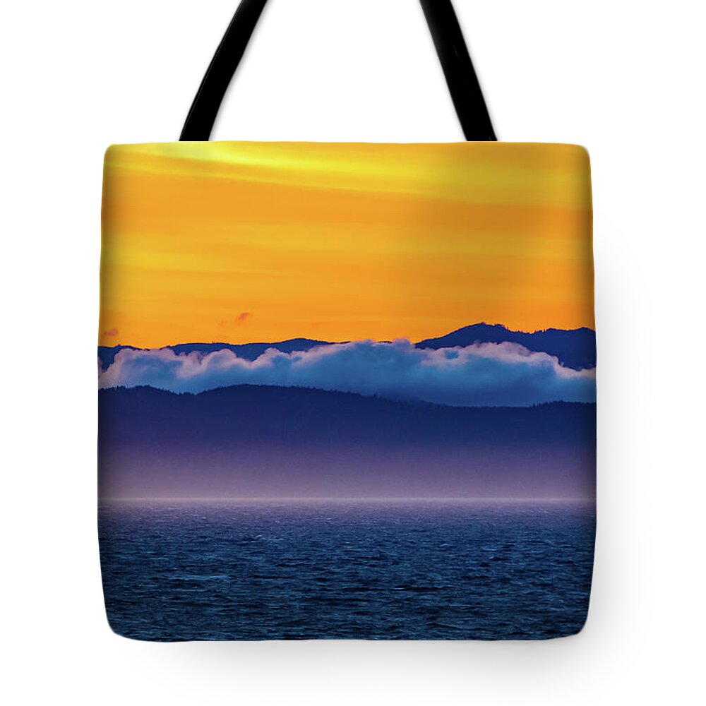 Alaska Tote Bag featuring the digital art Alaska Inside Passage Sunset by SnapHappy Photos