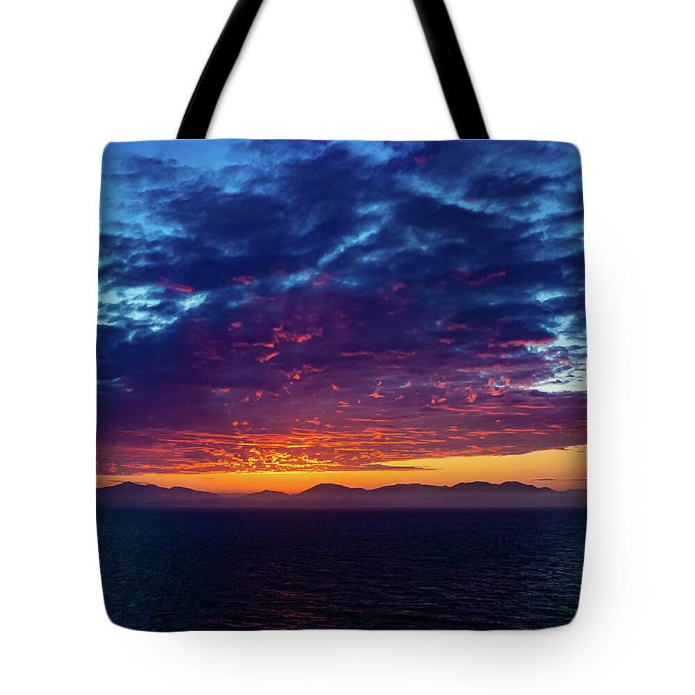 Alaska Tote Bag featuring the digital art Alaska Inside Passage Sunset V by SnapHappy Photos