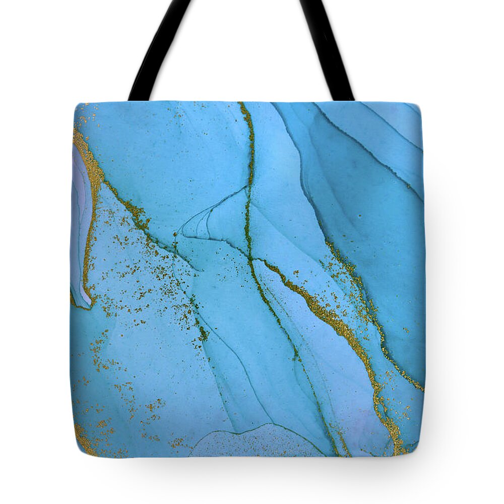Blue Tote Bag featuring the painting Alcohol ink blue and gold abstract background. Ocean style water by Tony Rubino
