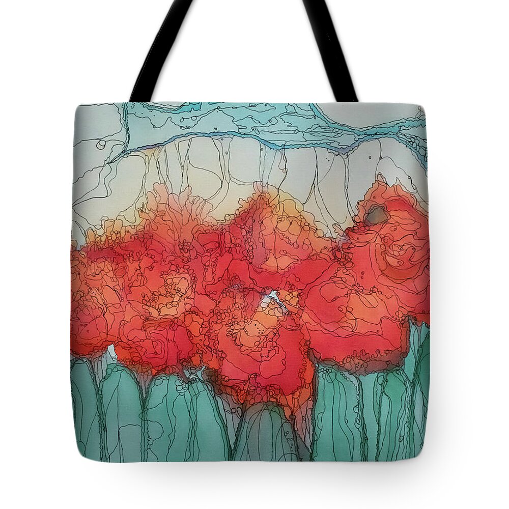 Flowers Tote Bag featuring the mixed media Alcohol Meadow by Aimee Bruno