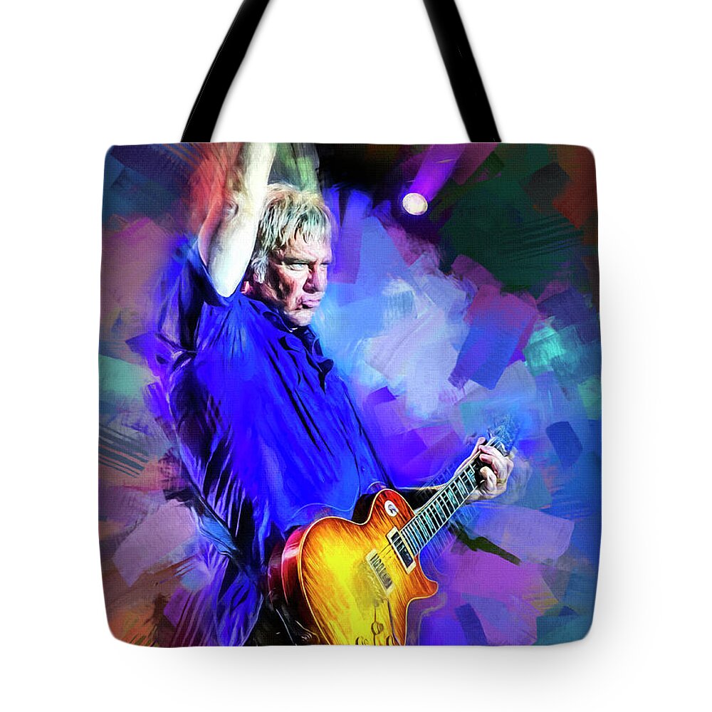 Alex Lifeson Tote Bag featuring the mixed media Alex Lifeson Guitarist by Mal Bray