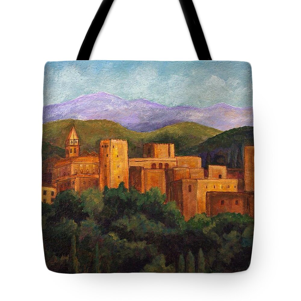 Alhambra Landscape Tote Bag featuring the painting Alhambra at Sunset by Candy Mayer