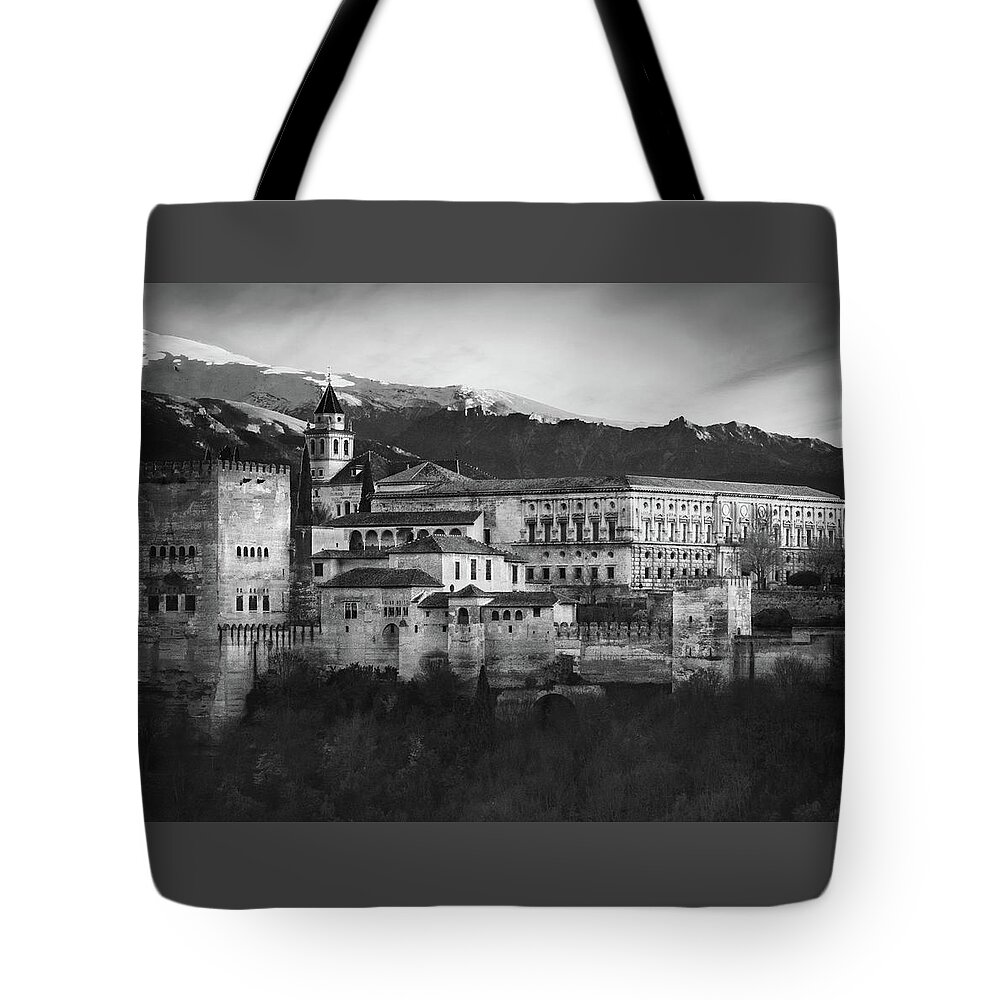 Alhambra Tote Bag featuring the photograph Alhambra in Granada Spain BW by Rebecca Herranen