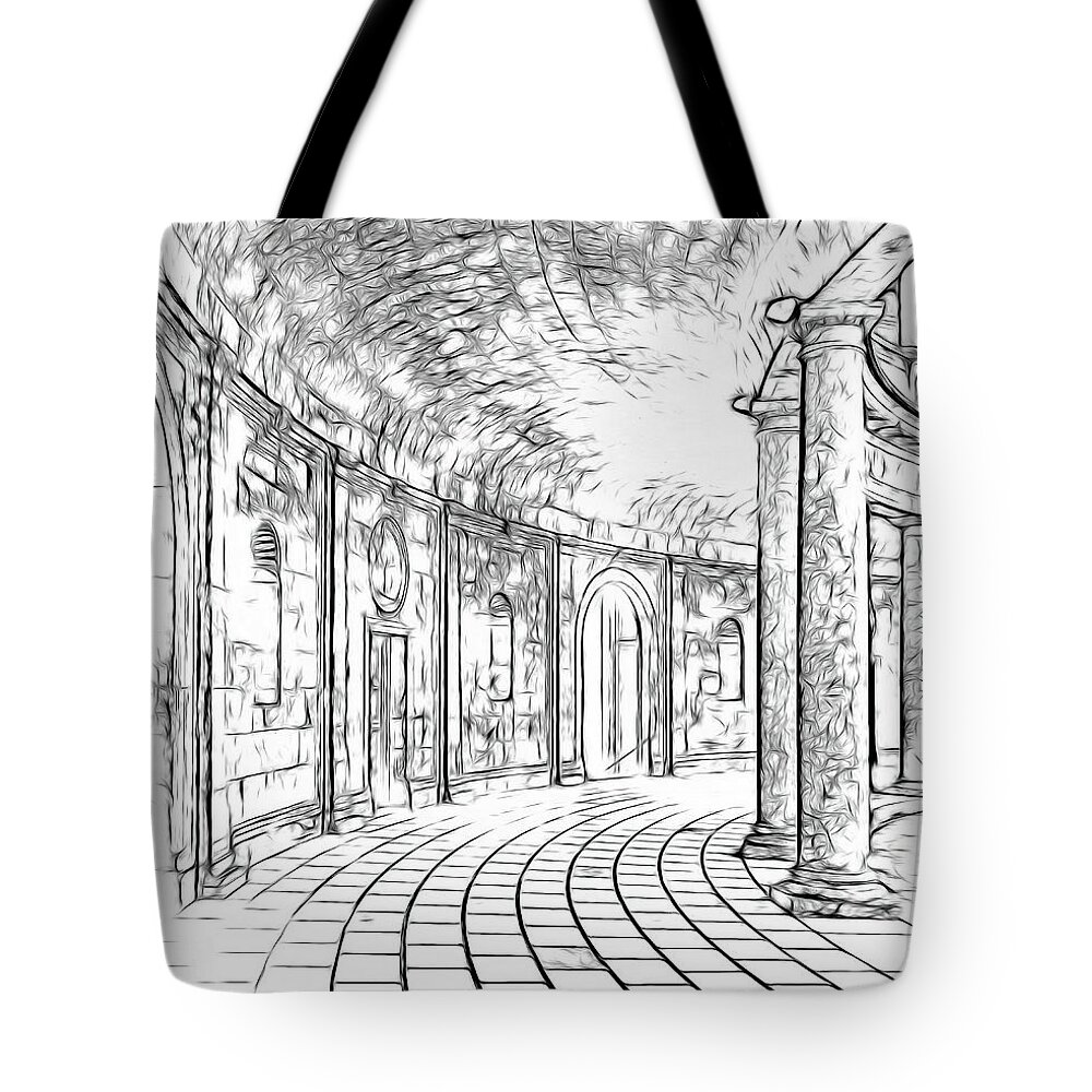 Alhambra Tote Bag featuring the drawing Alhambra Palace Corridor by Rebecca Herranen