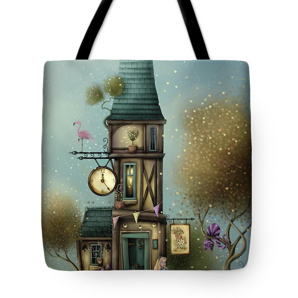 Alice In Wonderland Tote Bag featuring the painting Alice in wonderland. A Curious House. by Joe Gilronan