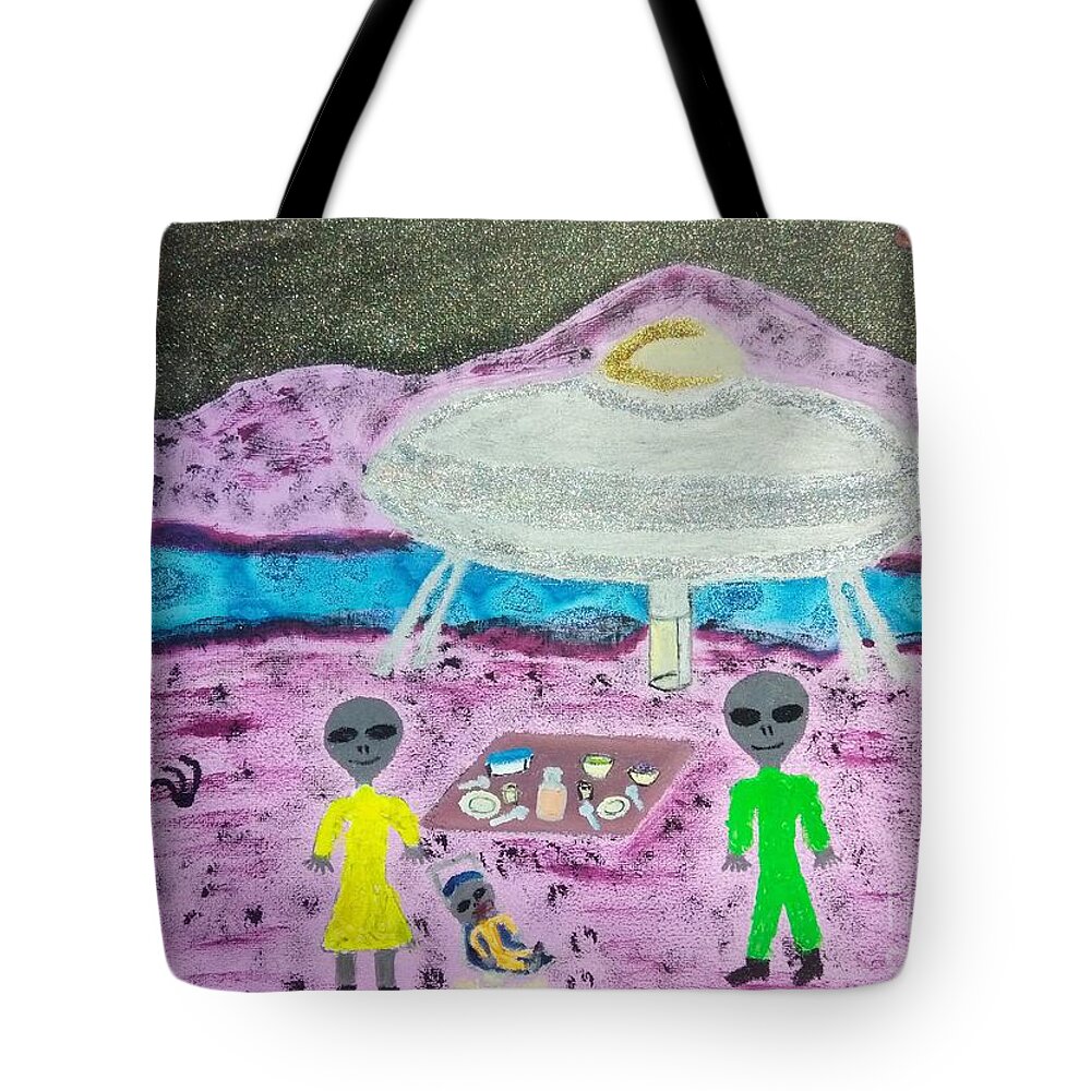 Alien Tote Bag featuring the painting Alien Pick-nick by David Westwood