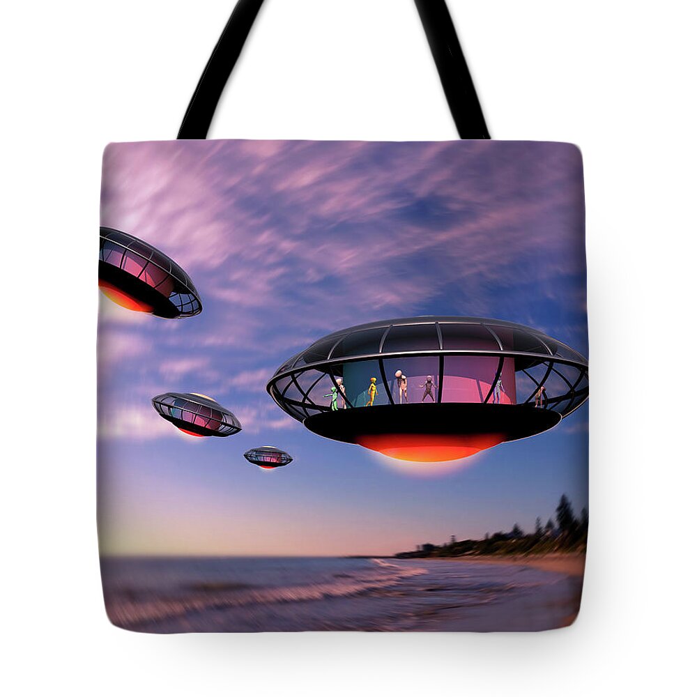 Alien Tote Bag featuring the digital art Alien Tourists Blue Sky and Sea by Russell Kightley