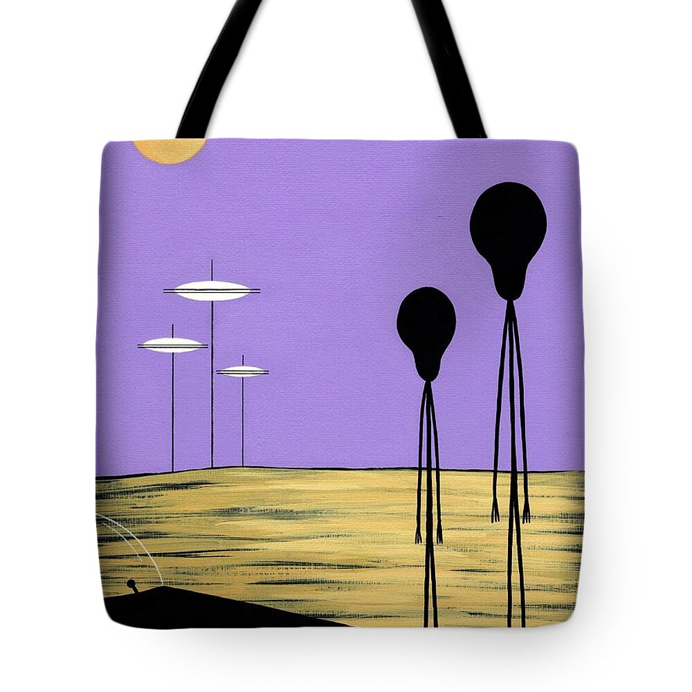 Retro Tote Bag featuring the painting Aliens Yellow Planet Purple Sky by Donna Mibus