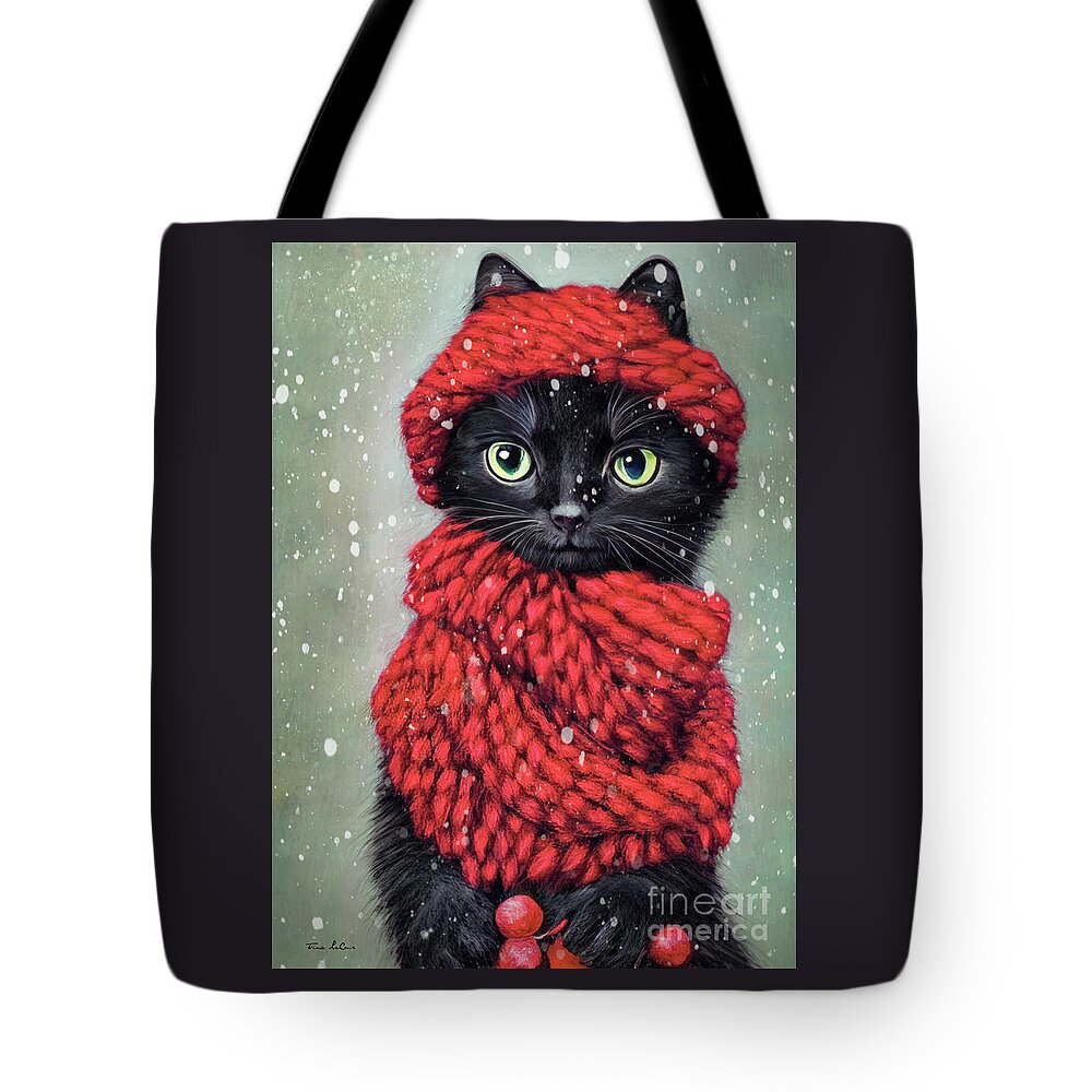 Black Cat Tote Bag featuring the painting All Bundled Up In Red by Tina LeCour