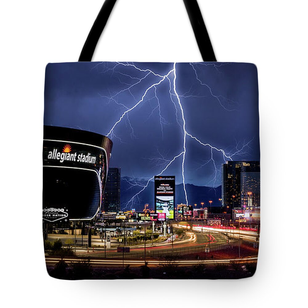 Allegiant Stadium Tote Bag featuring the photograph Allegiant Stadium and the Las Vegas Strip Thunderstorm 2 to 1 Ratio by Aloha Art