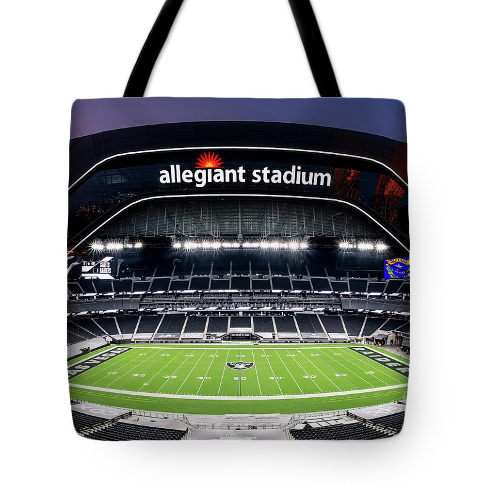 Allegiant Stadium Tote Bag featuring the photograph Allegiant Stadium Las Vegas Raiders inside Out at Sunset by Aloha Art