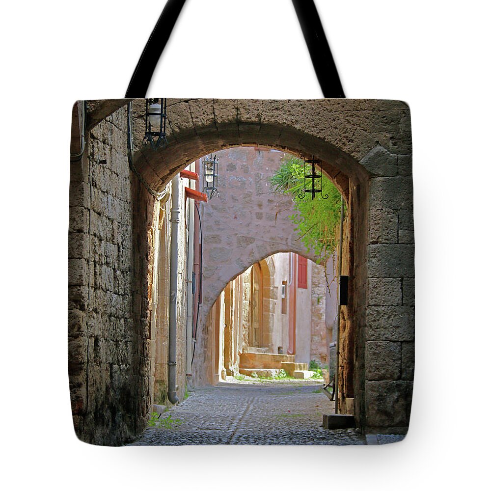 Rhodes Tote Bag featuring the photograph Alley with Cat by M Kathleen Warren