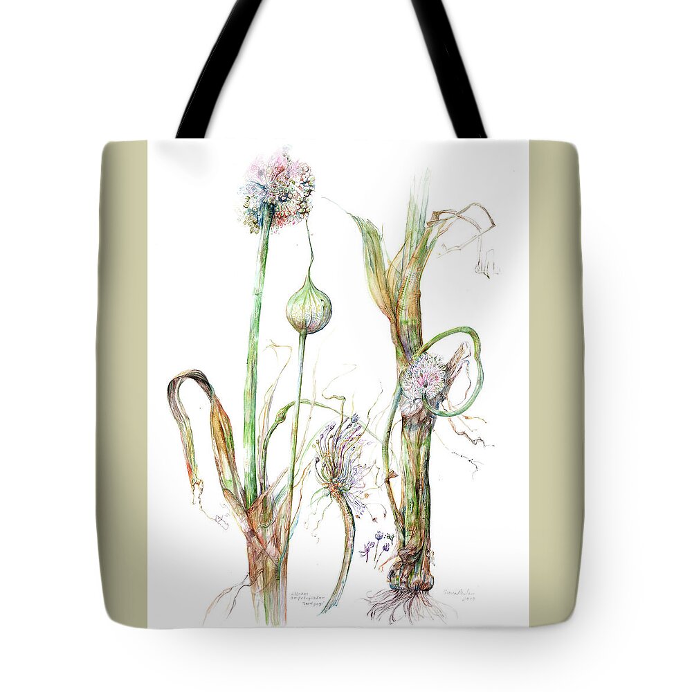 Flowering Leek Tote Bag featuring the painting Allium ampeloprasum  by Gloria Newlan