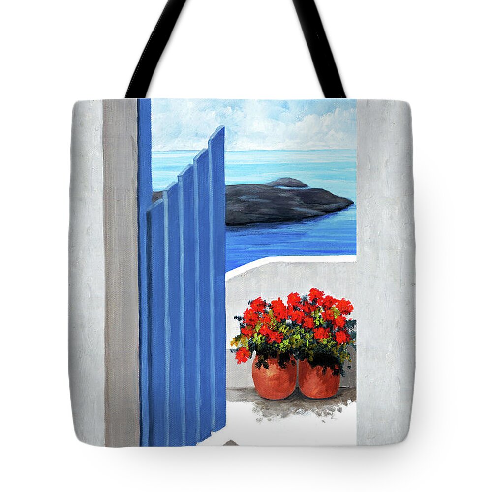 Santorini Tote Bag featuring the painting ALONG THE WAY prints of oil painting by Mary Grden