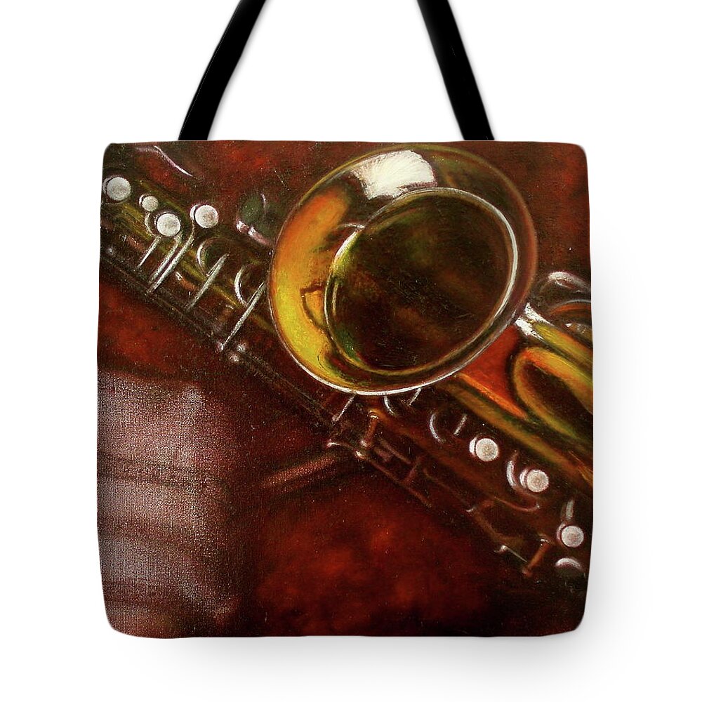 Realism Tote Bag featuring the painting Alto Saxophone and Red Velvet by Sean Connolly