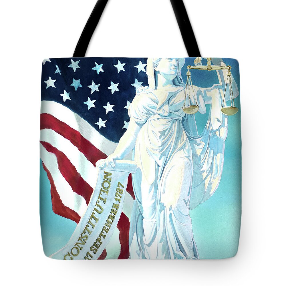 Tom Lydon Tote Bag featuring the painting America - Genius of America - Justice Holding Scale And Scrolls by Tom Lydon