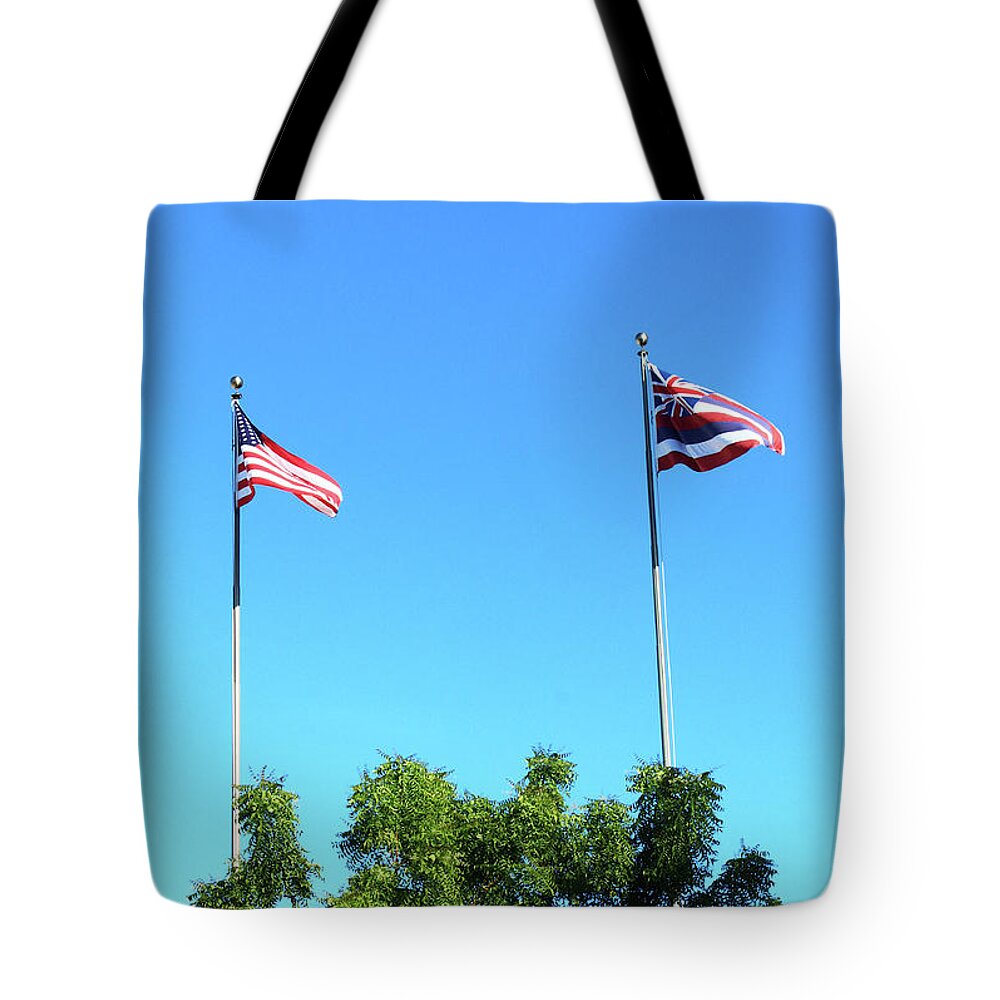 Lined Tote Bag featuring the photograph American and Hawaiian Flags by Kaoru Shimada