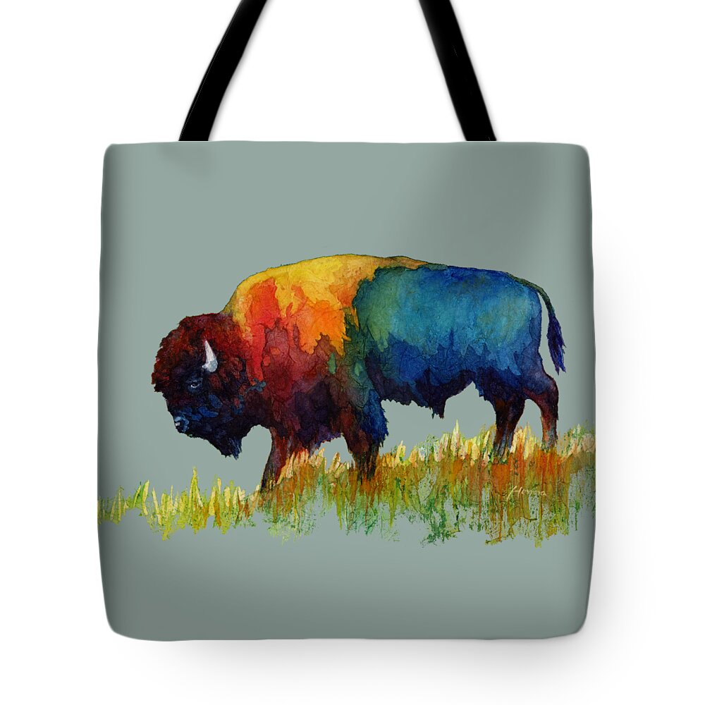 Bison Tote Bag featuring the painting American Buffalo III-solid background by Hailey E Herrera