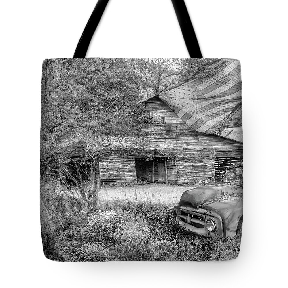 Truck Tote Bag featuring the photograph American Country Farm Black and White by Debra and Dave Vanderlaan