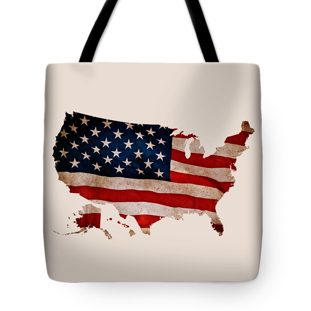 Us Tote Bag featuring the photograph American flag textured map by Delphimages Flag Creations