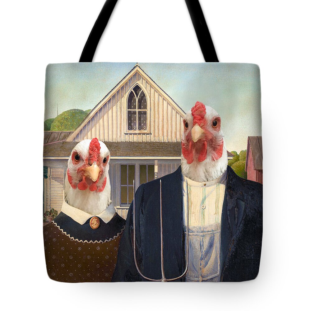 American Gothic Tote Bag featuring the painting American Gothic chickens by Delphimages Photo Creations