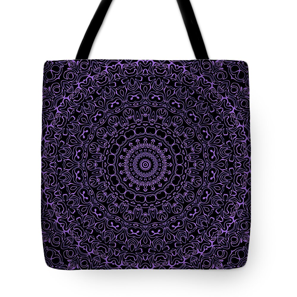 Amethyst Tote Bag featuring the digital art Amethyst on Black Mandala Kaleidoscope Medallion Flower by Mercury McCutcheon
