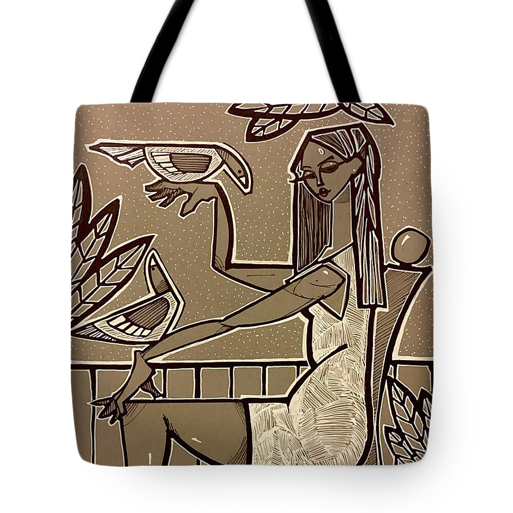Pigeons Tote Bag featuring the drawing Among Friends by Oscar Ortiz