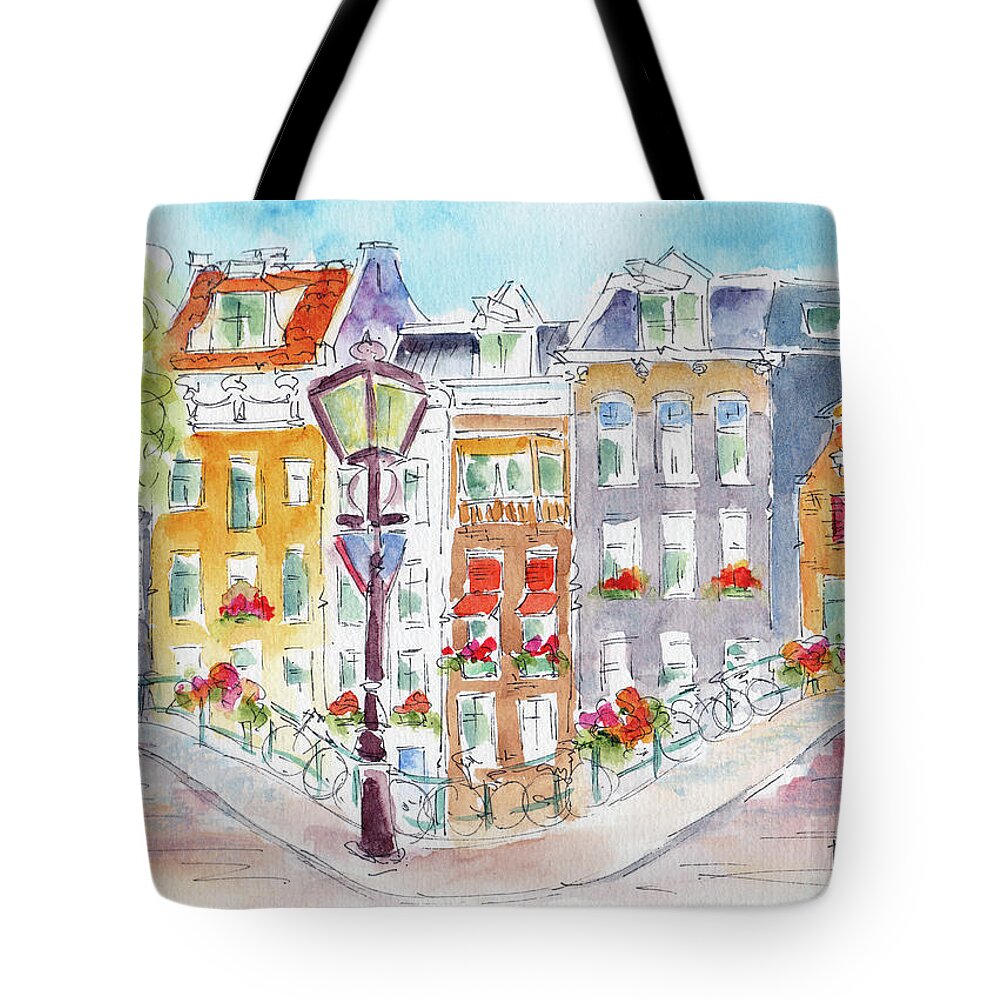 Impressionism Tote Bag featuring the painting Amsterdam Bikes And Lampposts by Pat Katz