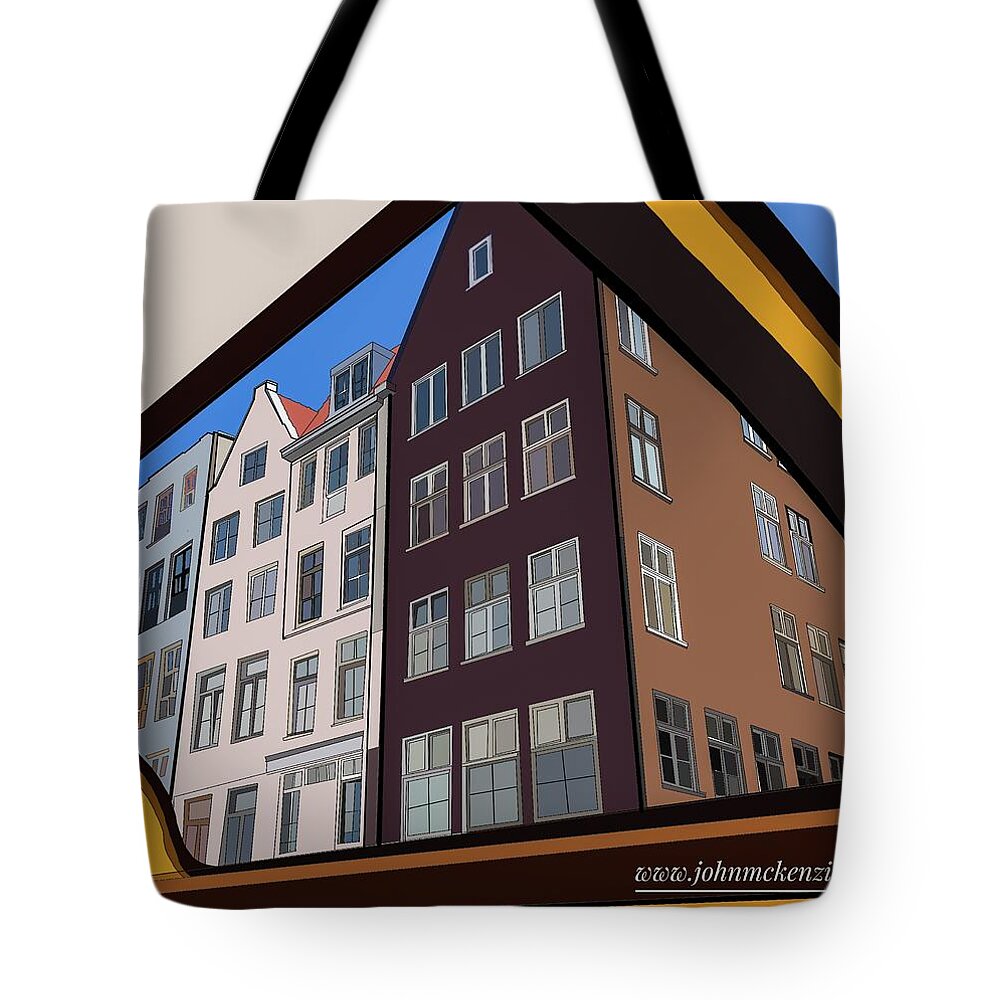 Amsterdam Tote Bag featuring the digital art Amsterdam Street from canal boat by John Mckenzie