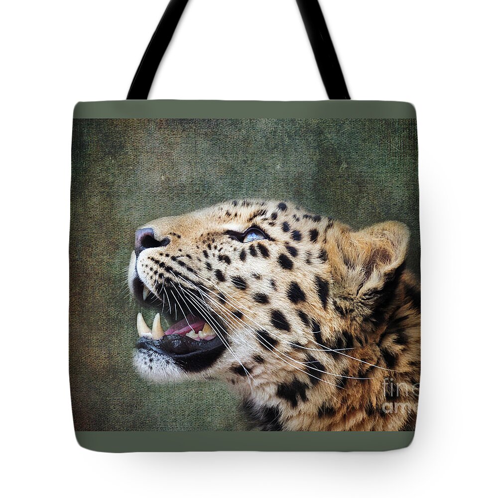 Leopard Tote Bag featuring the photograph Amur leopard looking up. iIndigenous to southeastern Russia and northeast China, and listed as Critically Endangered. Processed to look like an old painting. by Jane Rix