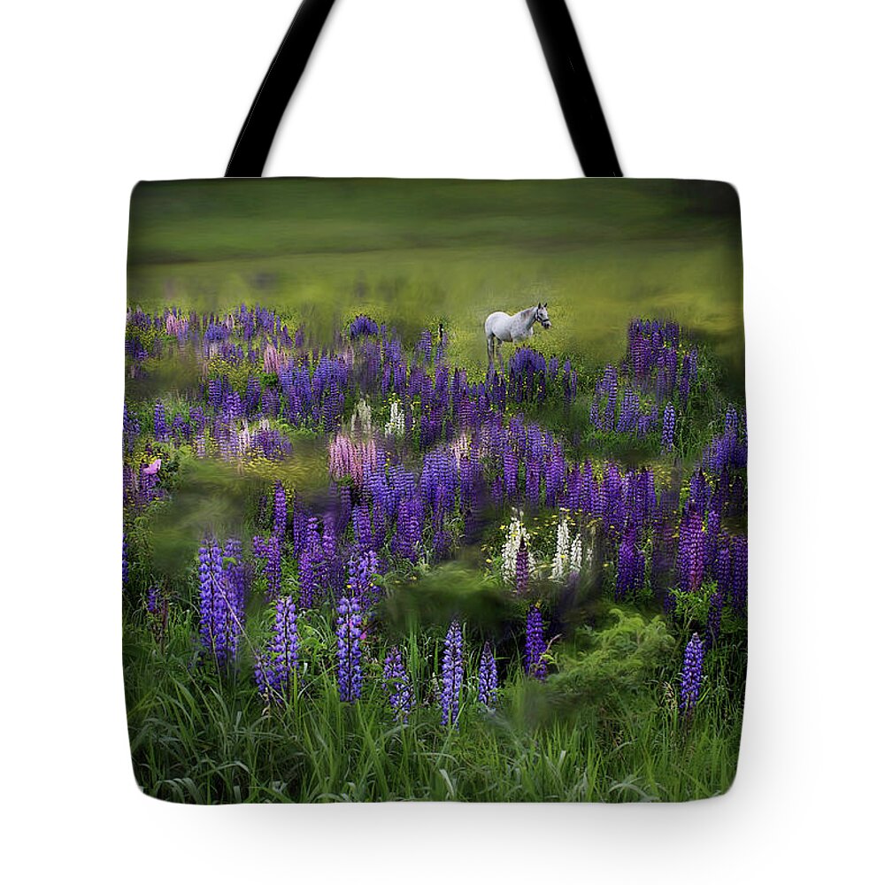 White Tote Bag featuring the photograph An Arabian Dream in a Field of Lupine by Wayne King