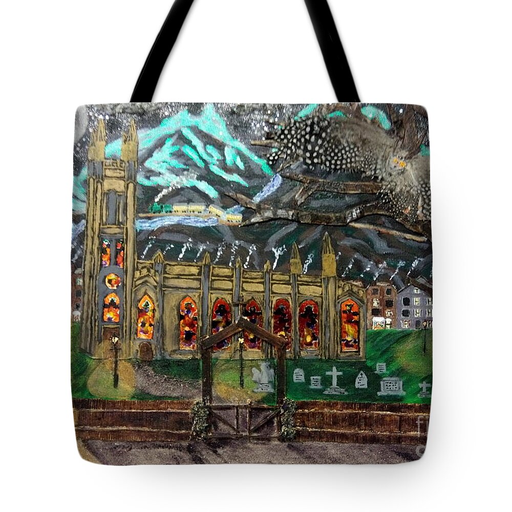 Church Tote Bag featuring the mixed media An Owl with a View by David Westwood